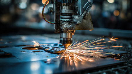 Laser cutter operates on metal sheet, creating bright sparks during manufacturing in an industrial setting.の素材