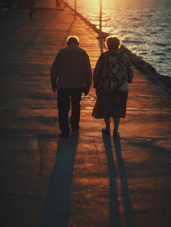 An elderly couple strolls slowly by the water as the sun sets, their shadows stretching long on the pavement.の素材