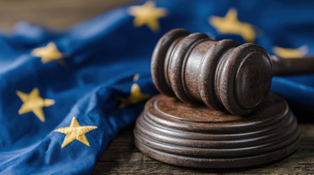 A wooden gavel rests on a table, next to the European Union flag, representing law and order in a judicial context.の素材