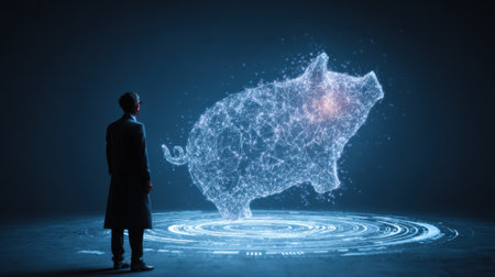 A person stands in a dark room, observing a glowing hologram of a piggy bank, illustrating modern finance concepts and technology.の素材