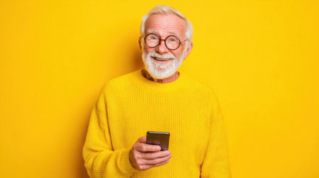 Senior man with glasses enjoys using his smartphone, displaying happiness against a vibrant yellow backdrop.の素材