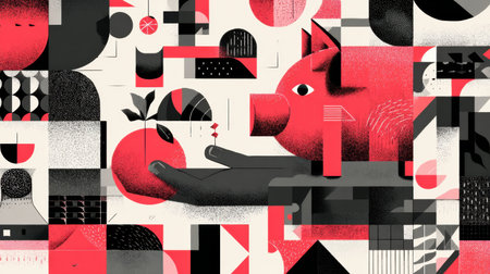 A pig holds an apple in a colorful, artistic composition filled with various shapes and patterns. The vibrant design captures attention.の素材