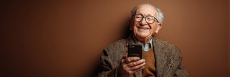 Smiling senior man dressed in a tweed jacket enjoys using his smartphone in a warm and inviting indoor location.の素材