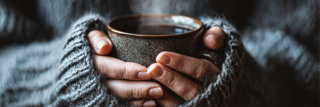 Warm cup cradled between hands wrapped in a soft sweater, enjoying a peaceful moment on a chilly afternoon indoors.の素材