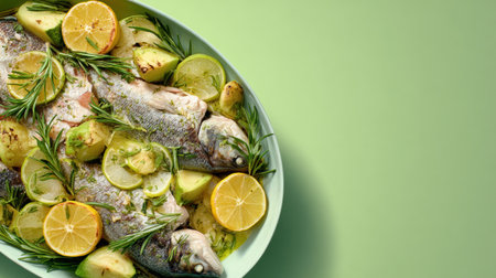 Delicious fish is garnished with lemon and lime slices, rosemary, and served in a bowl on a light green surface, ready for enjoyment.の素材