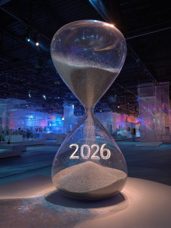 A large hourglass is displayed at an art venue, marked with the year 2026, surrounded by colorful lighting and modern design elements.の素材