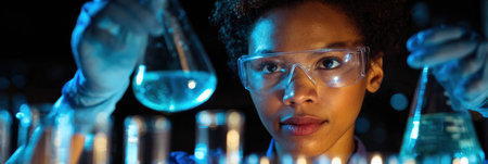 A scientist carefully measures liquids using glass beakers under blue lights in a laboratory setting late at night.の素材