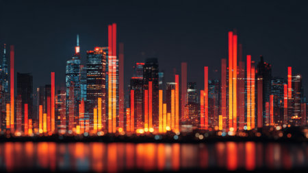 Nighttime city scene showcasing a skyline filled with vibrant lights and colorful bars, creating an energetic atmosphere.の素材