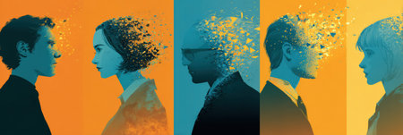 Four figures face each other, showcasing a blend of colors and artistic abstraction that captures complex human emotions.の素材