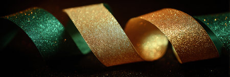 Shimmering green and gold ribbons are elegantly twisted, capturing light and creating an inviting festive feel perfect for celebrations.の素材