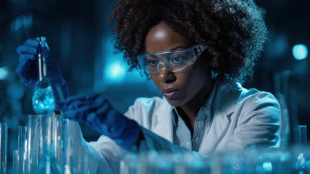 A focused scientist in a lab coat examines a chemical solution in a flask while surrounded by glass apparatus in a blue-lit lab.の素材
