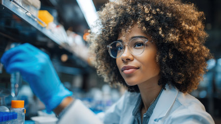 Dedicated researcher examines samples in a well-equipped lab, showcasing a commitment to scientific discovery and innovation.の素材