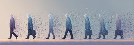 A businessman walks forward, gradually transitioning into a cloud of colorful particles, symbolizing transformation in an abstract setting.の素材