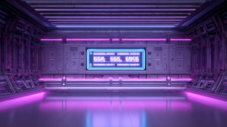 Neon lights accentuate a modern sci-fi space with a digital display showing various numbers in a high-tech room.の素材