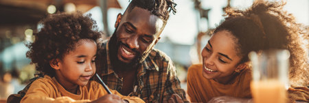 A joyful family gathers at a cafe, engaging in drawing activities while sharing laughter and moments of connection.の素材