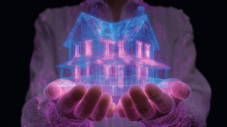 Futuristic hands cradle a holographic house, showcasing advanced technology and imaginative design in a striking visual.の素材