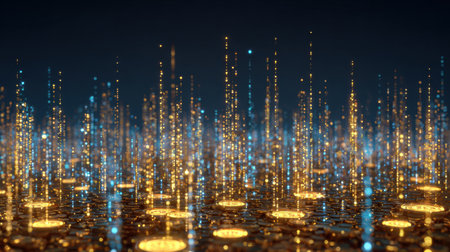 Golden and blue particles rise steadily, creating an enchanting scene of light and shimmer in a dark digital environment.の素材