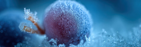 Close-up view of frozen grapes adorned with ice crystals glowing under a gentle blue hue, showcasing their chilled beauty.の素材