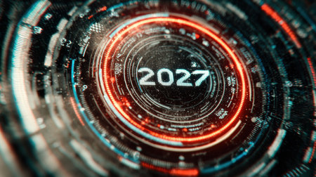 A vibrant digital representation showing the circular design, prominently featuring the year 2027 with glowing elements.の素材