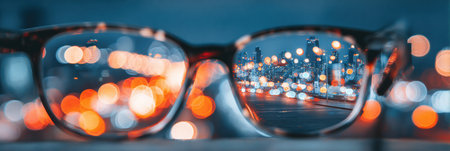 Glasses reflect a colorful city skyline at night, showcasing bright lights and a bustling urban atmosphere.の素材