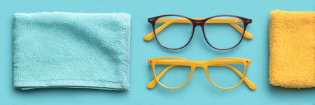 Two pairs of colorful eyeglasses are set with cleaning cloths on a vibrant blue surface, showing their unique designs and hues.の素材