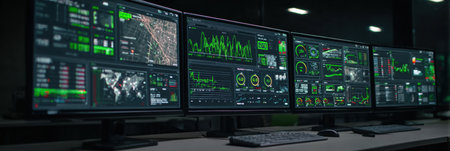 Screens filled with graphs and charts show data analysis and monitoring in a modern control room setting.の素材