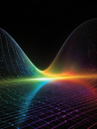 A dynamic abstract scene features colorful waves flowing harmoniously across a grid, creating a mesmerizing visual effect against black.の素材