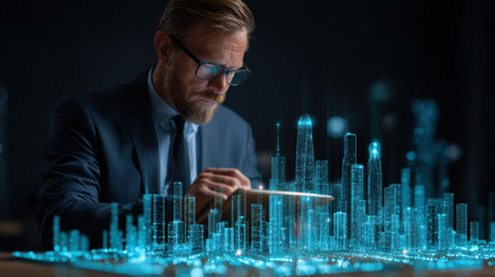 A man in a suit interacts with a glowing holographic city model, immersed in his work in a dimly lit office.の素材