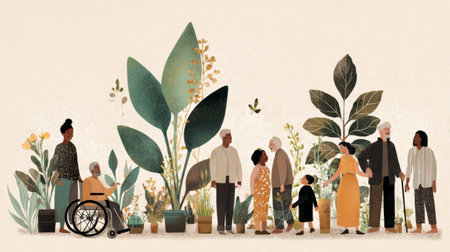 A group of people of different ages and backgrounds share moments together near an array of lush plants, highlighting community spirit.の素材