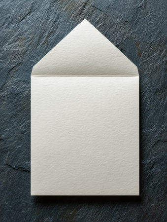 A blank envelope with a matching note card lays on a dark slate surface, perfect for handwritten messages or invitations.の素材