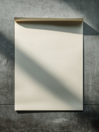 A blank, light-colored canvas rests on a textured concrete wall, illuminated by soft shadows from nearby light sources.の素材