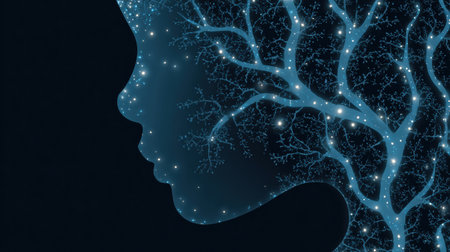 A captivating silhouette shows a profile with luminous branches and stars, creating a mystical connection with nature and the cosmos.の素材