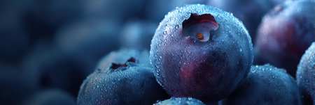 Ripe blueberries covered in water droplets shine in soft light, showing their freshness amidst a blurred background.の素材
