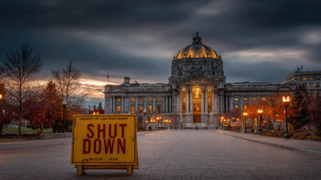 A historic building stands prominently with a shutdown sign in front as clouds fill the evening sky, casting a dramatic atmosphere.の素材
