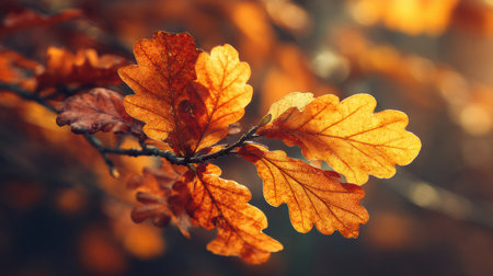 Close-up of vibrant orange oak leaves illuminated by sunlight, showing the rich colors and textures of autumn foliage in nature.の素材