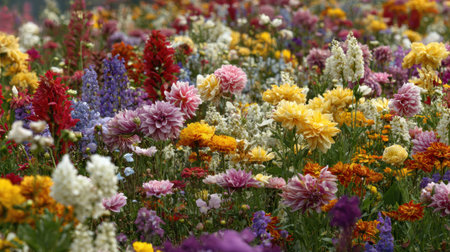 A diverse collection of flowers showcases a stunning display of colors and shapes in a lush garden during the warm spring season.の素材