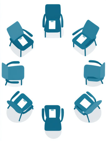Blue chairs are arranged in a circle, each with a piece of paper on the seat, suggesting a collaborative or formal setting.の素材