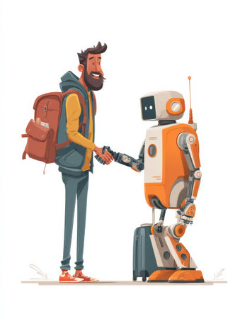 A traveler meets a friendly robot at a scenic location, both engaged in a handshake while luggage awaits nearby.の素材
