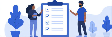 Two people discuss tasks on a checklist while standing near potted plants in a bright, casual indoor setting.の素材