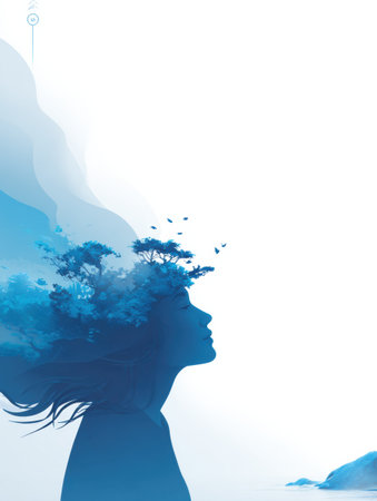 A womans profile is filled with a peaceful landscape, showing trees and birds, capturing a moment of calmness and reflection.の素材