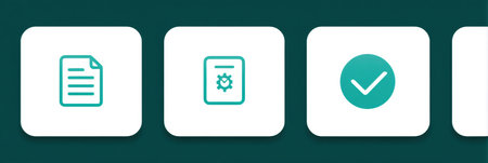 Group of clean, minimalistic icons displaying various functions like documents, settings, validation, and more on a stylish interface.の素材