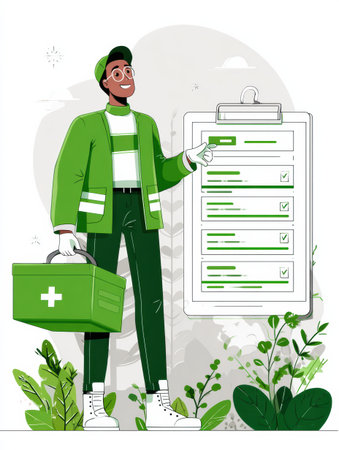 A person in a green uniform holds a clipboard and points at it, surrounded by various plants, promoting a healthy environment.の素材