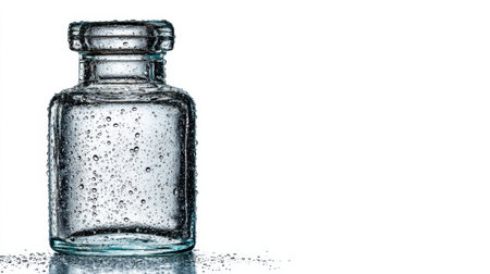 A clear glass bottle sits on a smooth surface, adorned with shimmering water droplets under soft lighting, creating an elegant scene.の素材