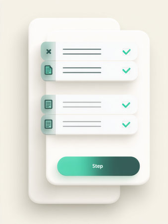 A user interface design displays a checklist with completed tasks and a prominent button at the bottom, all in a minimalist style.の素材