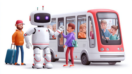 A cheerful robot engages with travelers near a modern bus, while diverse passengers enjoy the bustling transit scene.の素材