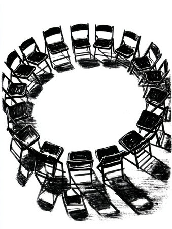 Empty chairs set in a circular pattern create an inviting space for conversation and collaboration, emphasizing unity and openness.の素材