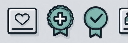 A collection of icons showing love, quality improvement, and verification symbols in a modern graphic design format.の素材