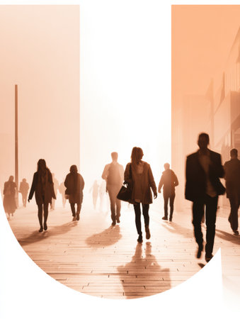 People walk along a busy city street in the evening, with a soft mist creating an atmospheric and tranquil scene.の素材