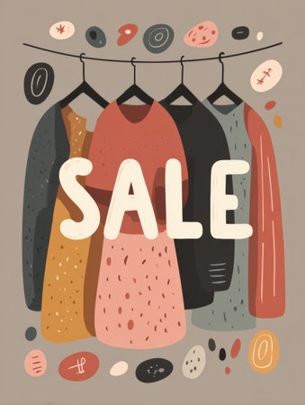 Bright garments displayed on hangers promote a sale with playful graphic elements and a simple background.の素材