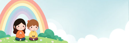 Two joyful children sit calmly on a green hill, surrounded by flowers while a colorful rainbow arches overhead, adding to the serene atmosphere.の素材